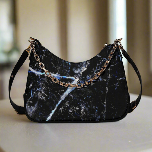 Black and blue pu leather chain decor handbag.