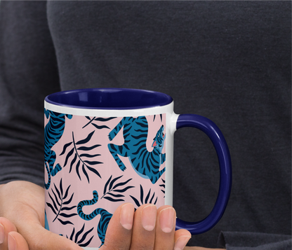 Lilac and navy blue mug with color inside.