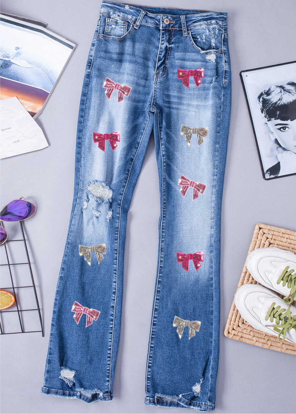 Sequin multi-color bow denim bootcut women’s jeans.