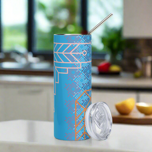 Blue and multi-color stainless steel tumbler.