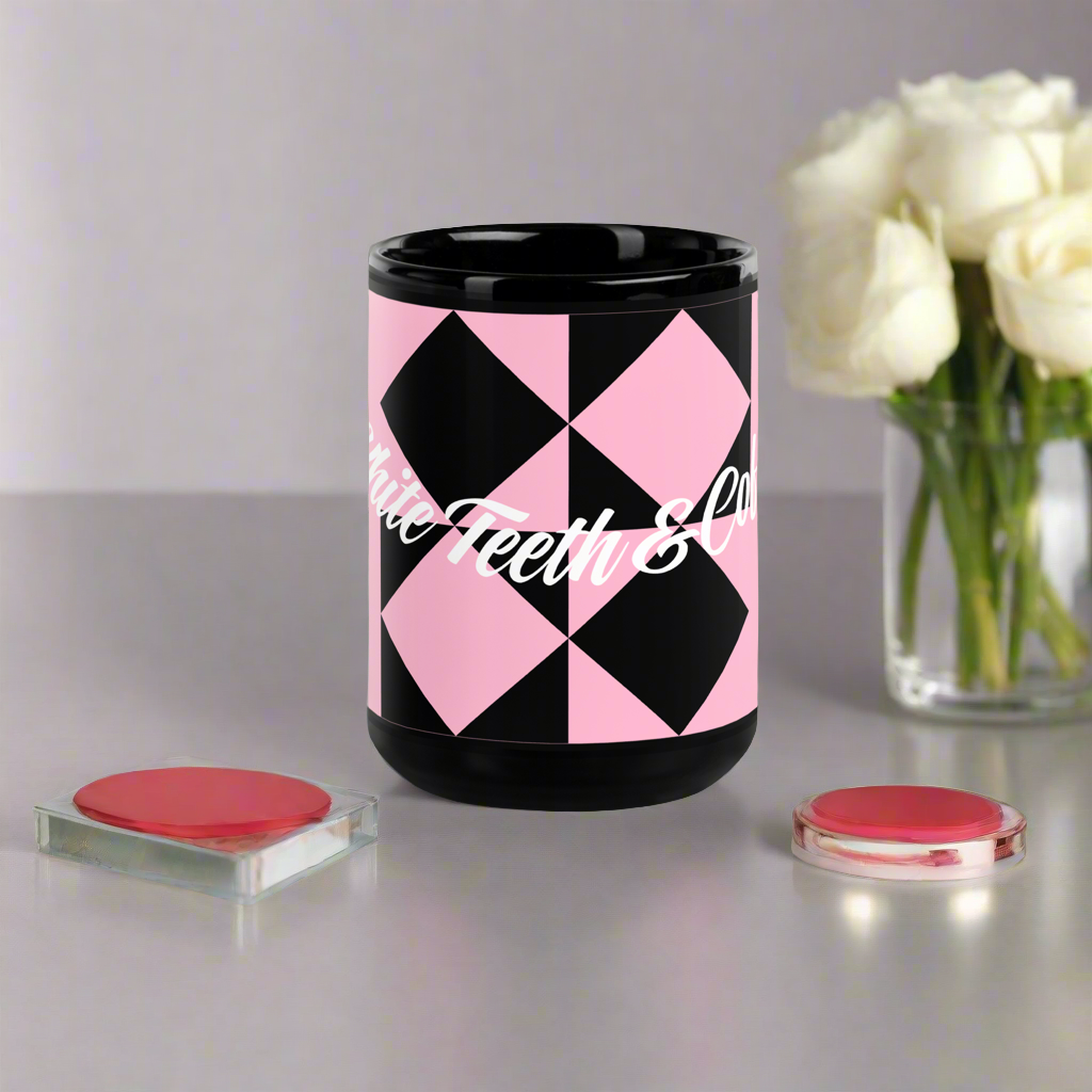 Medium black and pink white teeth and coffee glossy mug.