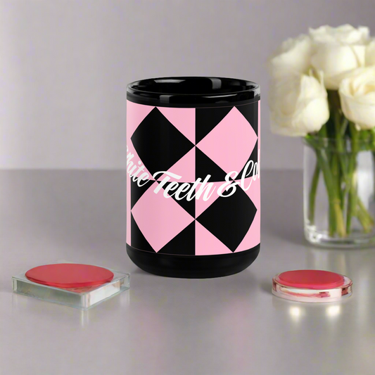 Medium black and pink white teeth and coffee glossy mug.