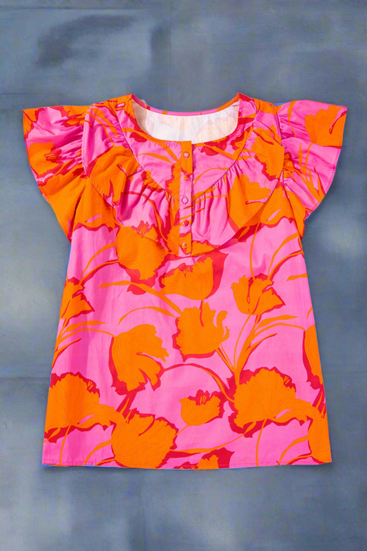 Ruffled fuchsia and multi-color cap sleeve women’s blouse.