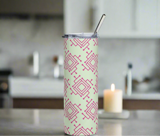 Light green and fuchsia stainless steel tumbler.