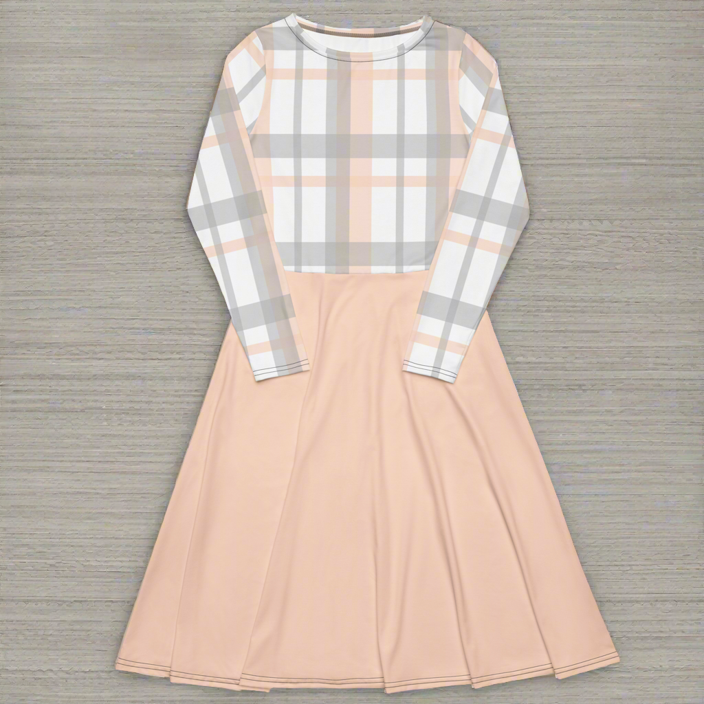 Peach and gray women’s long sleeve midi dress.