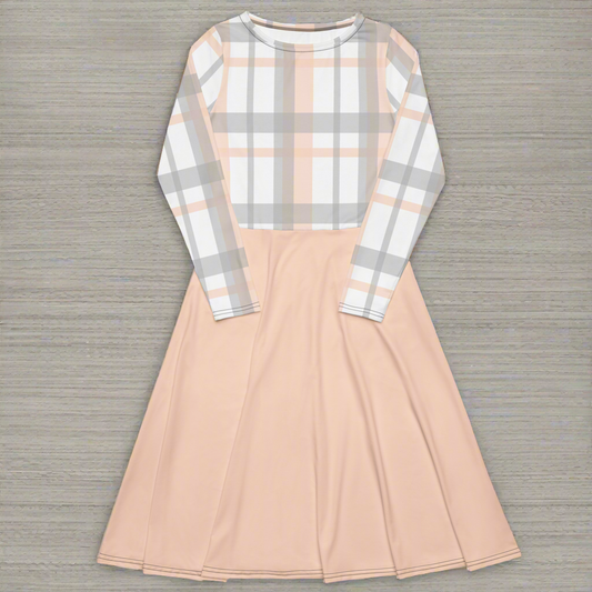 Peach and gray women’s long sleeve midi dress.