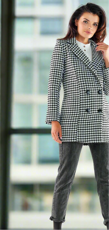 Houndstooth double-breasted women’s coat.