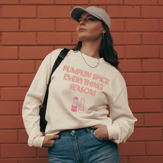 Tan and multi-color pumpkin spice everything season premium heavyweight women’s sweatshirt.