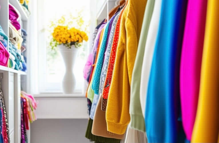 A closet with clothing and a flower vase.