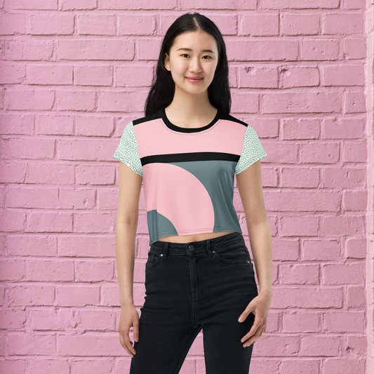 Pink and multi-color women’s crop tee.