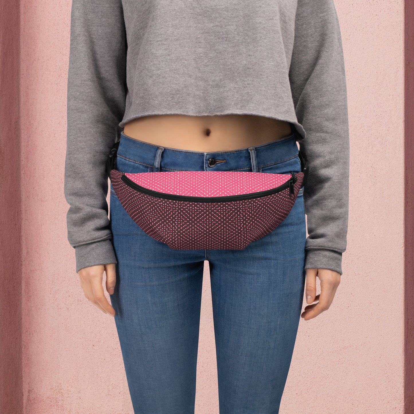 Violet and multi-color fanny pack with inside pocket.