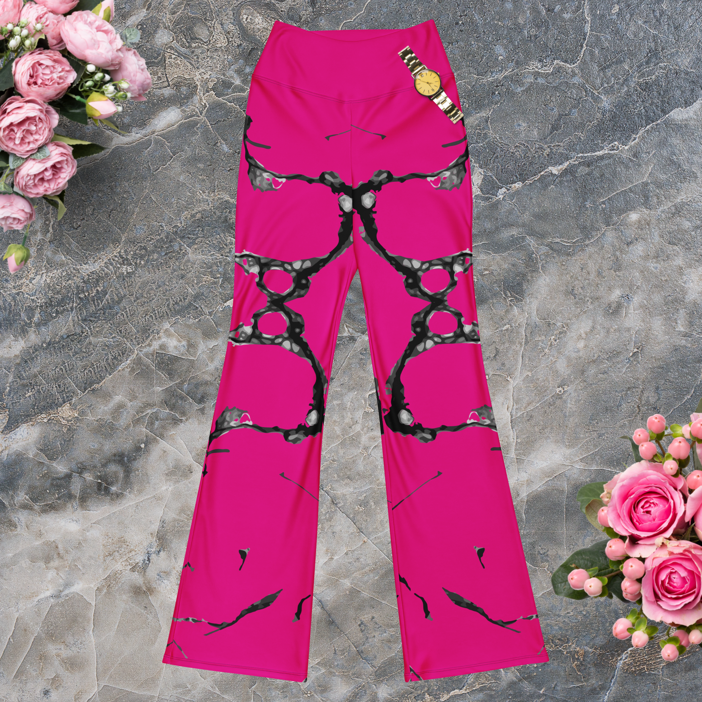 Fuchsia women’s front and back flare leggings.