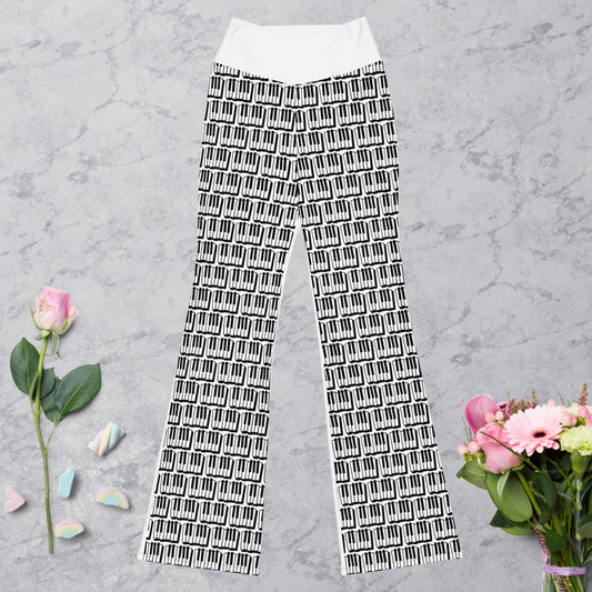 Black and white piano with white back women’s flare leggings.