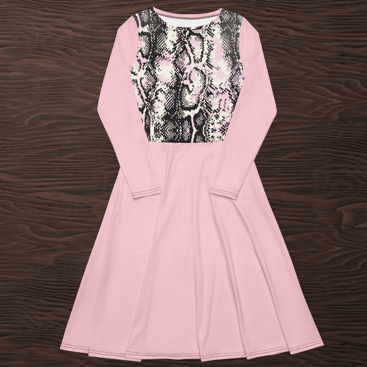 Light pink animal print women’s long sleeve midi dress.