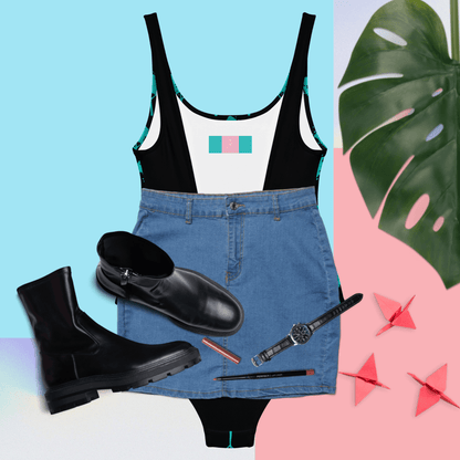 Black and teal women’s one-piece swimsuit.