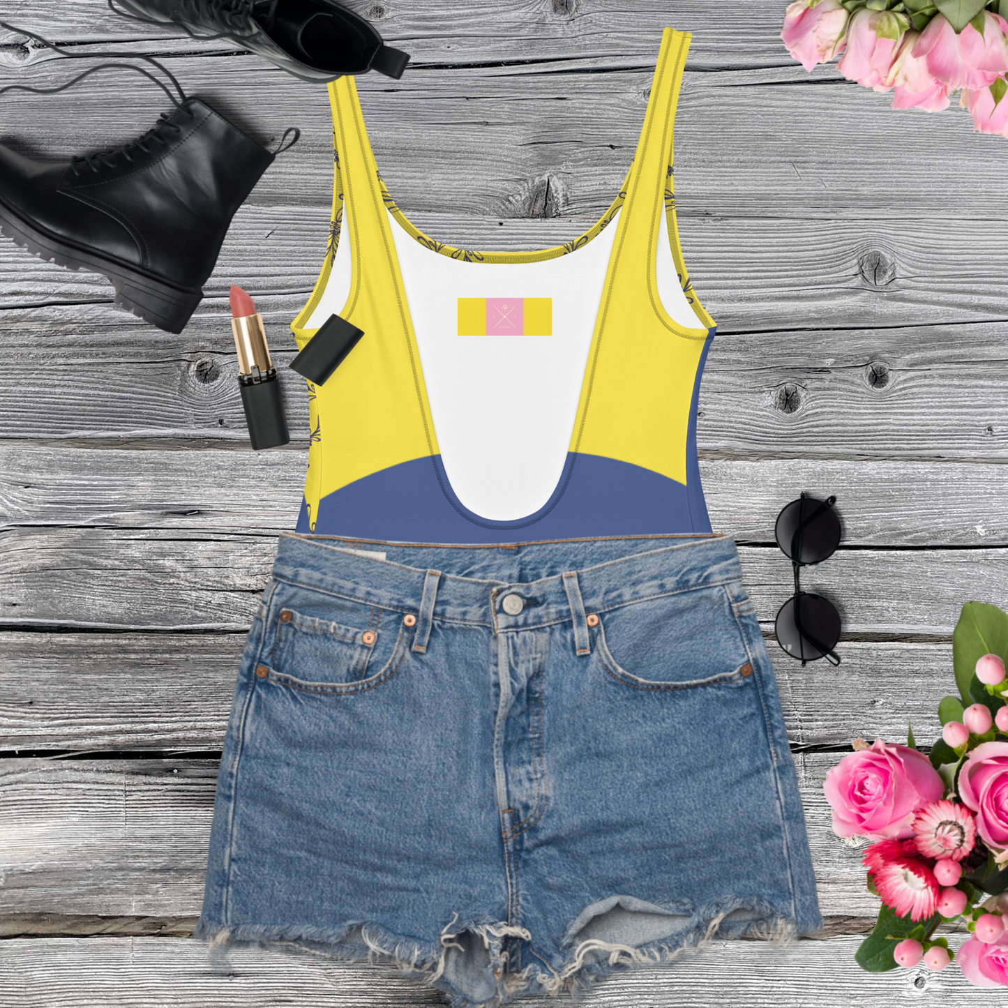 Yellow and blue women’s one-piece swimsuit.