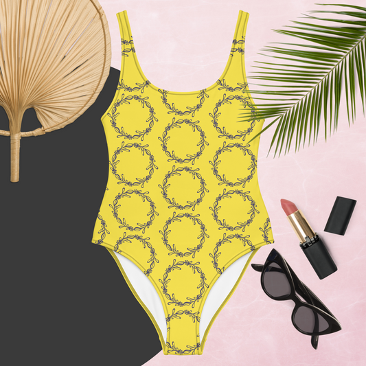 Yellow and gray women’s one-piece swimsuit.