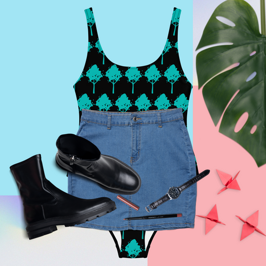 Black and teal women’s one-piece swimsuit.