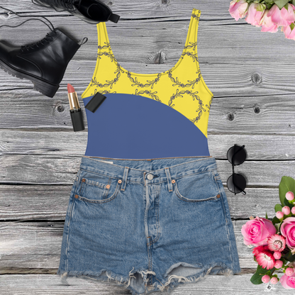 Yellow and blue women’s one-piece swimsuit.