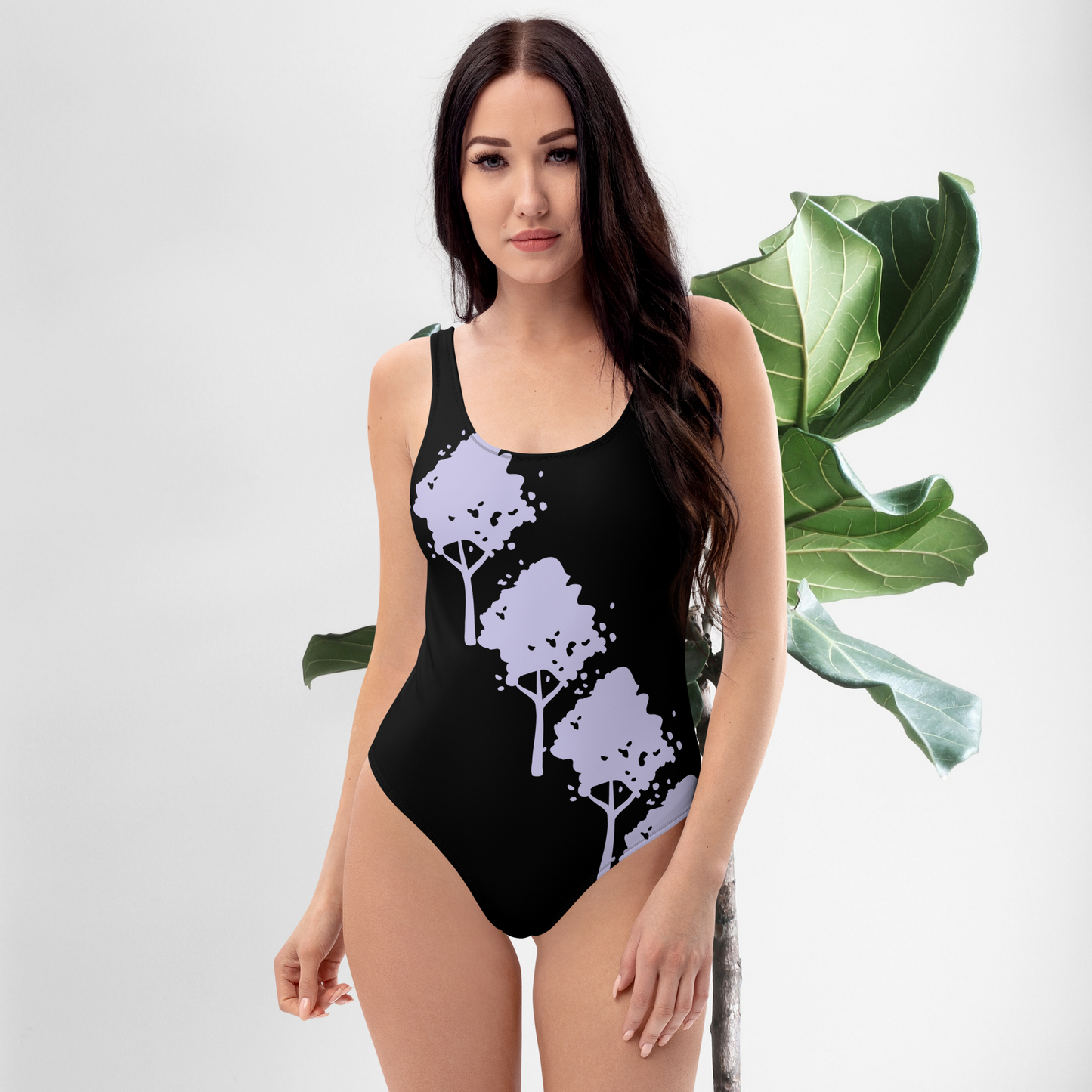 Black and lavender women’s one-piece swimsuit.