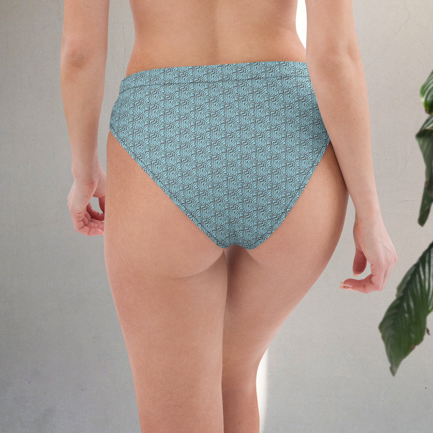 Bas de bikini taille haute femme recyclé bleu clair et pêche.