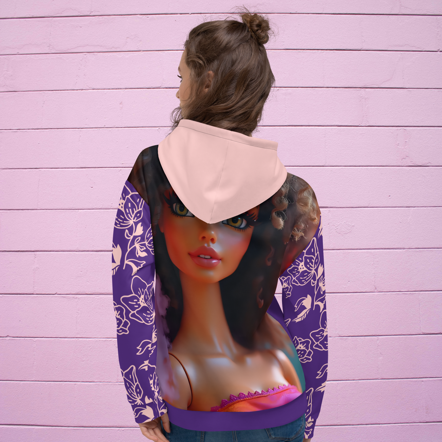 Indigo and lilac women’s let’s pretty-up our ego doll hoodie.