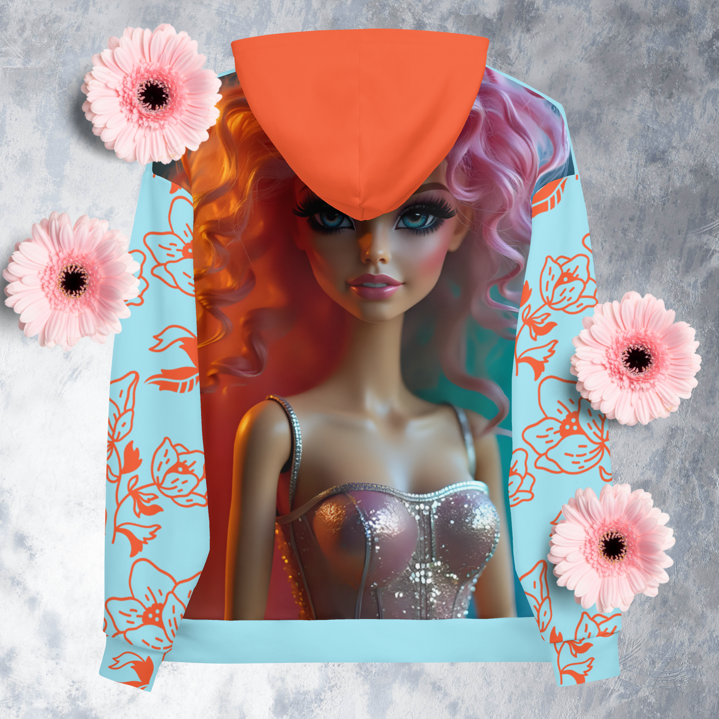 Ice blue and orange women’s let’s pretty-up our ego doll hoodie.