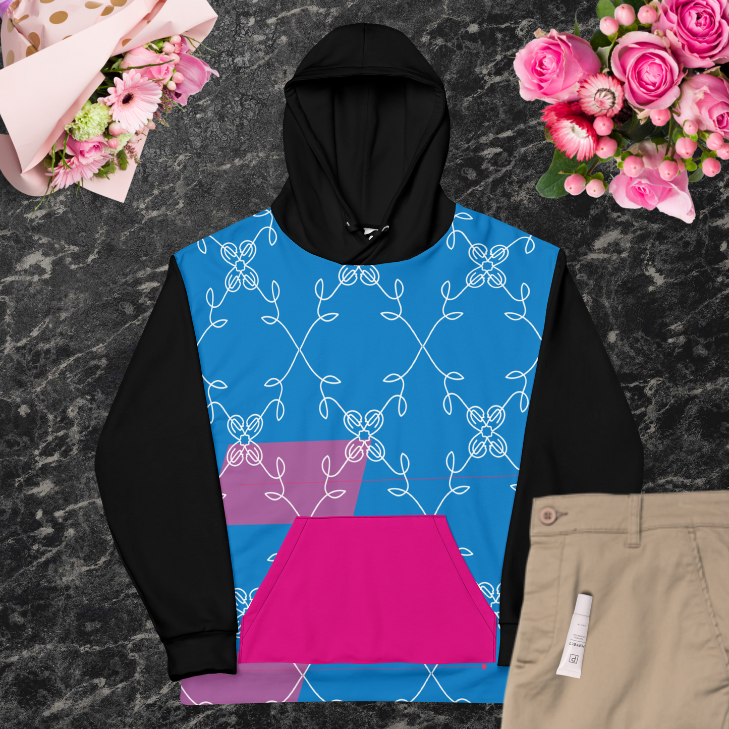 Turquoise back and multi-color women’s hoodie.