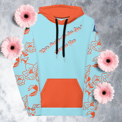 Ice blue and orange women’s let’s pretty-up our ego doll hoodie.