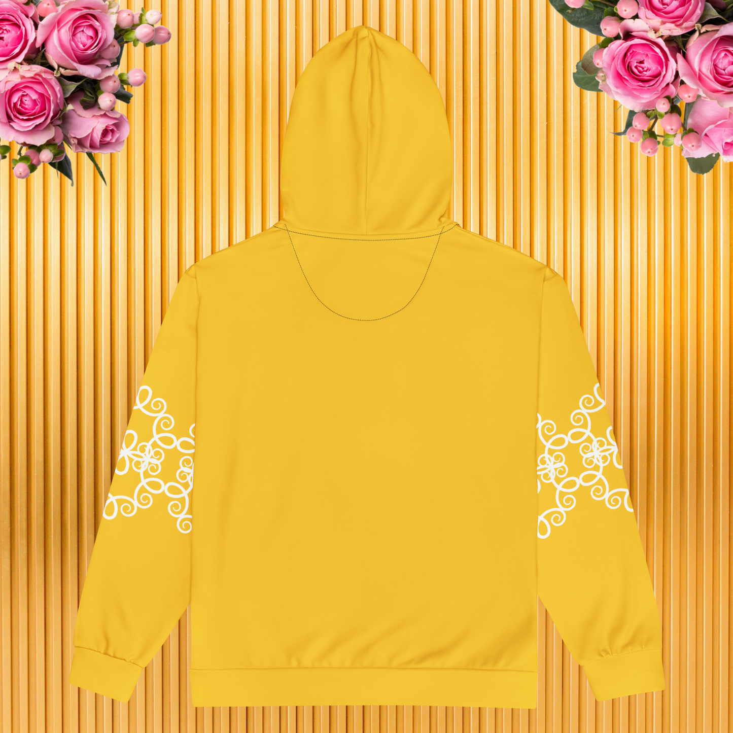 Neutral orange and yellow zip hoodie.