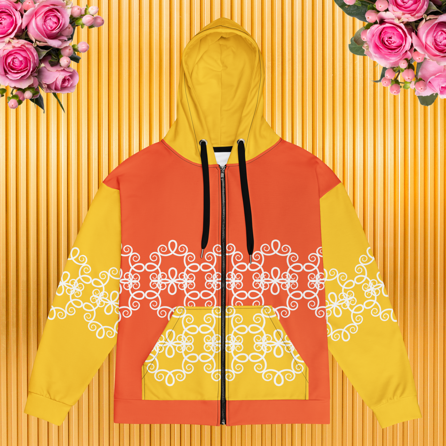 Neutral orange and yellow zip hoodie.