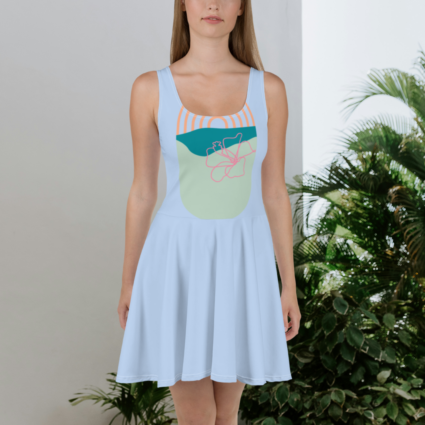 Light blue and multi-color women’s skater dress.