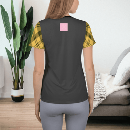 Black and yellow plaid women's athletic t-shirt.