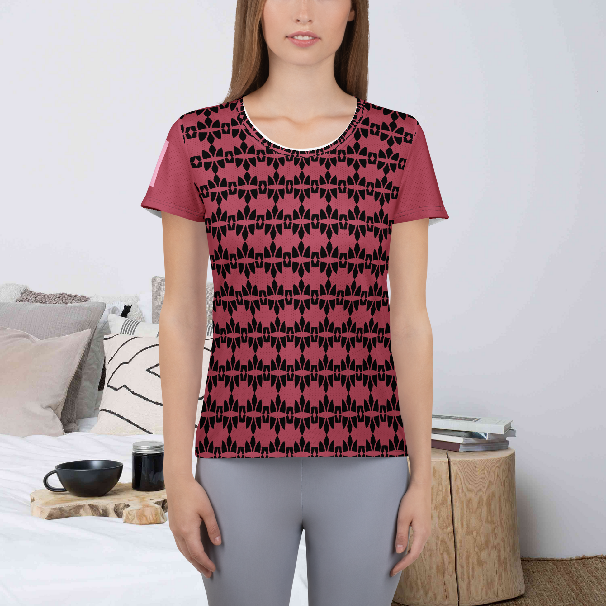 Maroon and black women's athletic t-shirt.