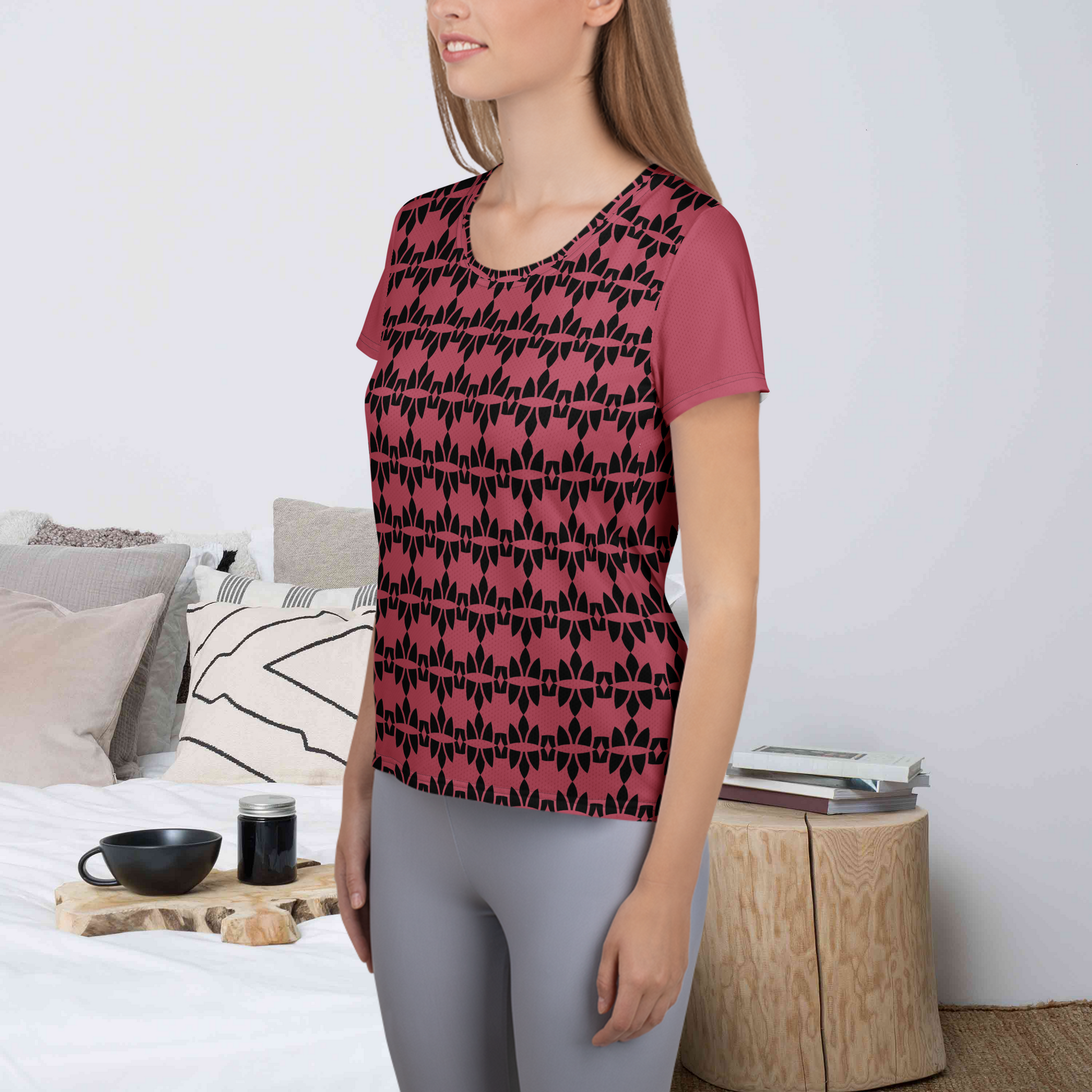 Maroon and black women's athletic t-shirt.