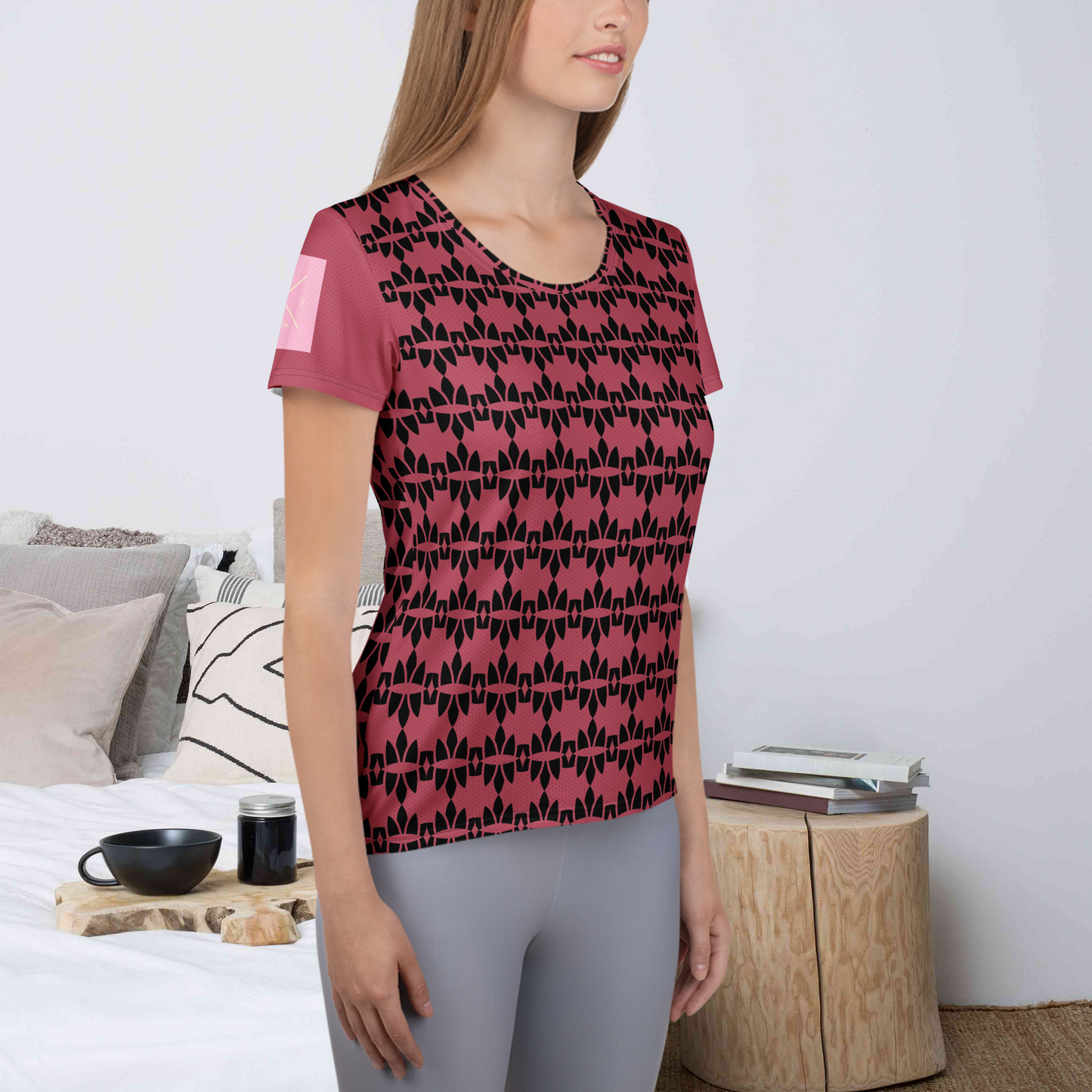Maroon and black women's athletic t-shirt.