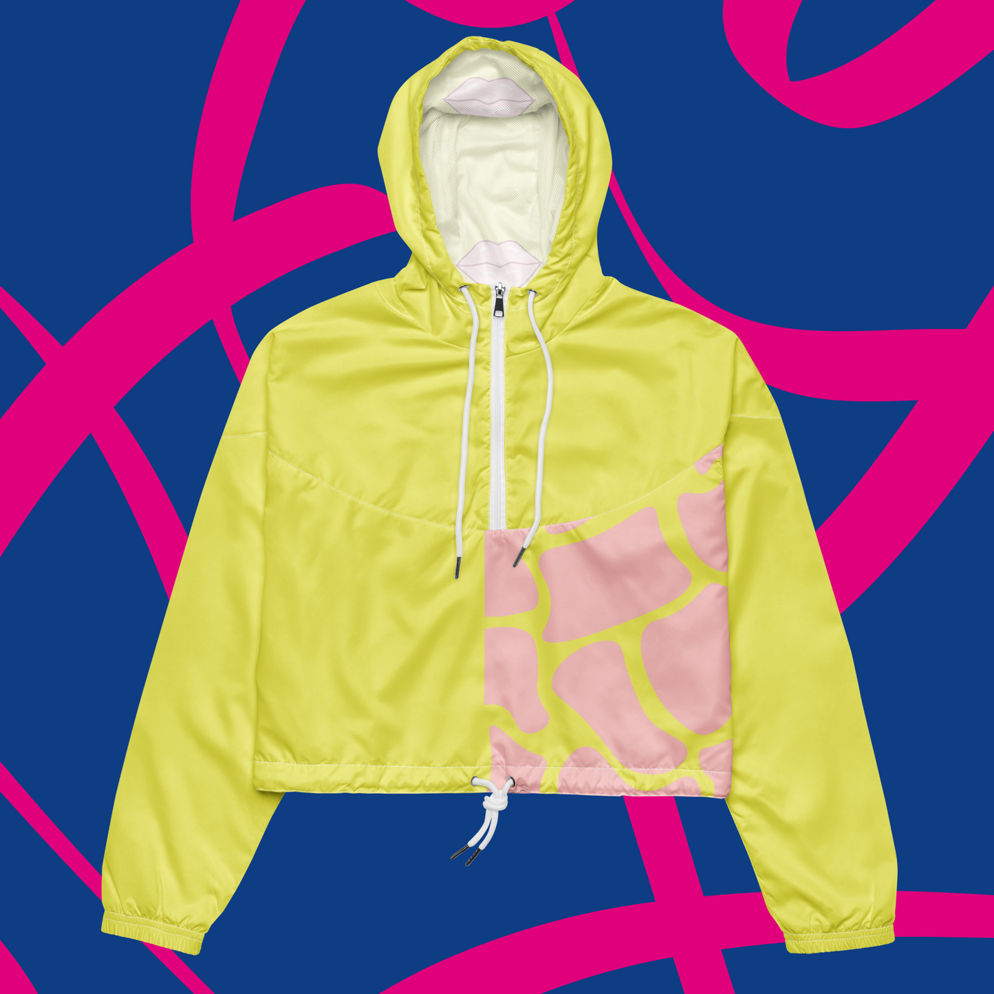 Yellow and light pink animal print women’s cropped windbreaker.