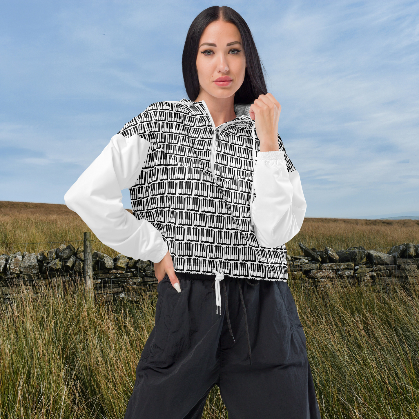 Black and white piano women’s cropped windbreaker.