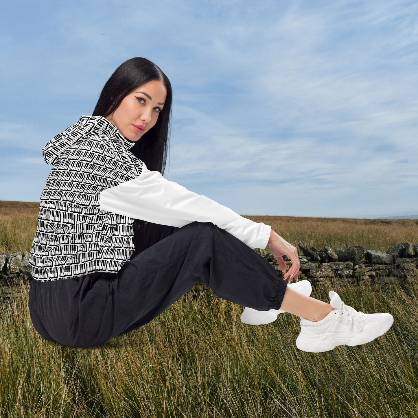 Black and white piano women’s cropped windbreaker.