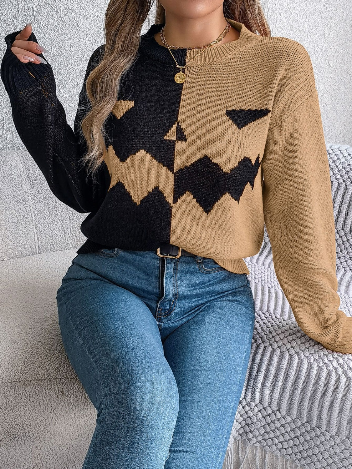 Pumpkin half sided long sleeve women’s sweater.