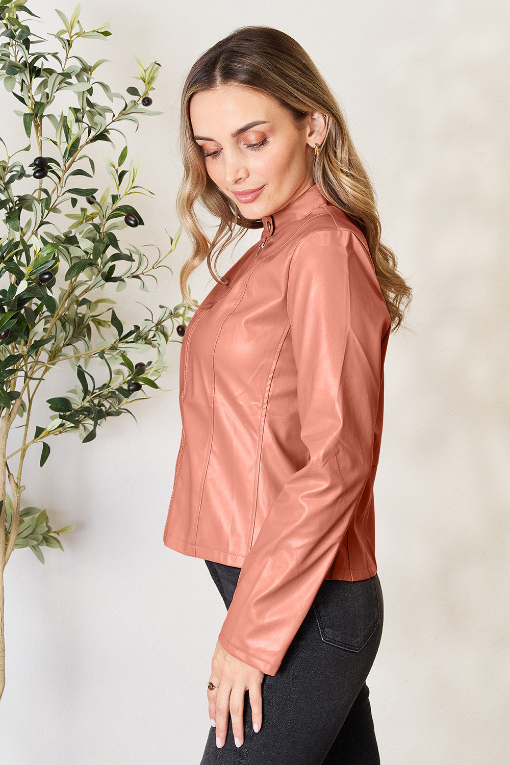 High neck button up zip women’s jacket.