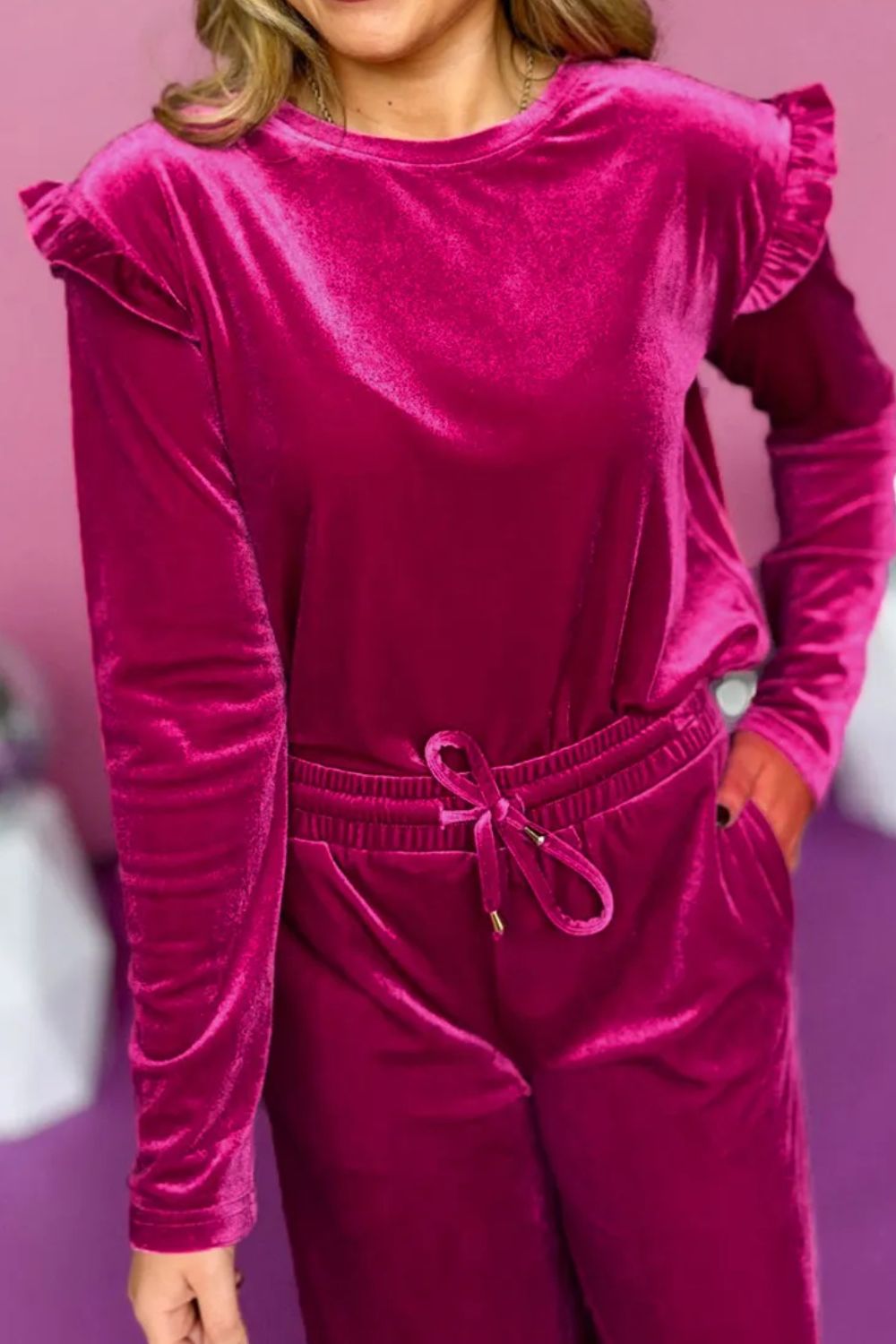 Velvet round neck top w/ drawstring women’s outfit set.