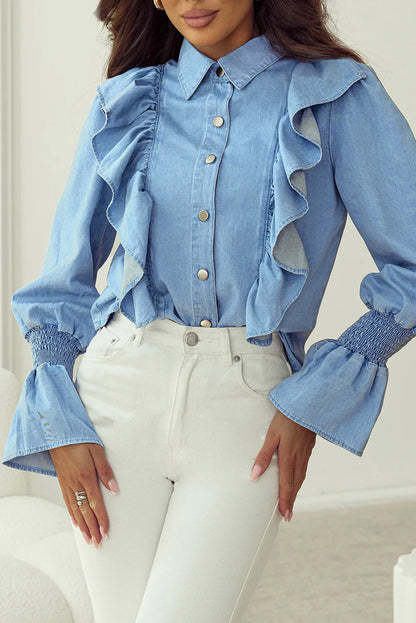 Ruffled denim button up women’s top.