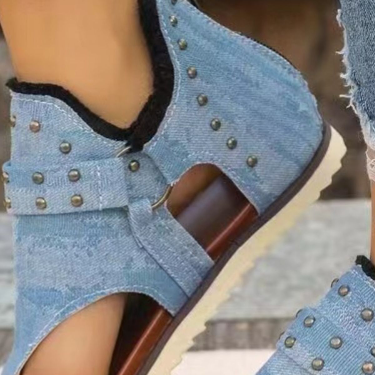 Denim studded raw hem women’s sandals.