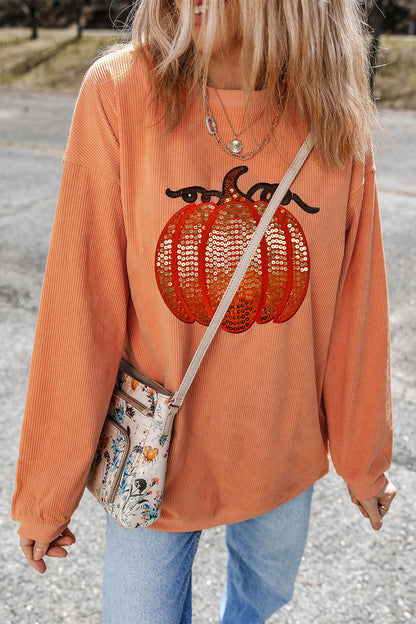 Pumpkin sequin women’s long sleeve sweatshirt.