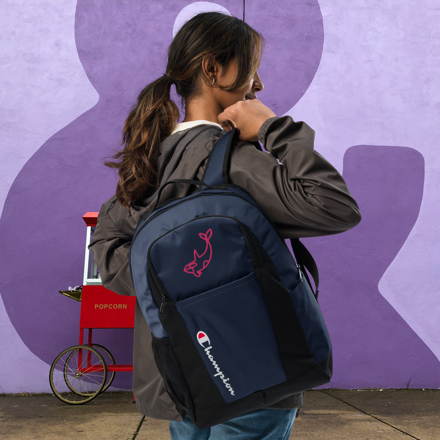 Navy blue and hot pink champion backpack.