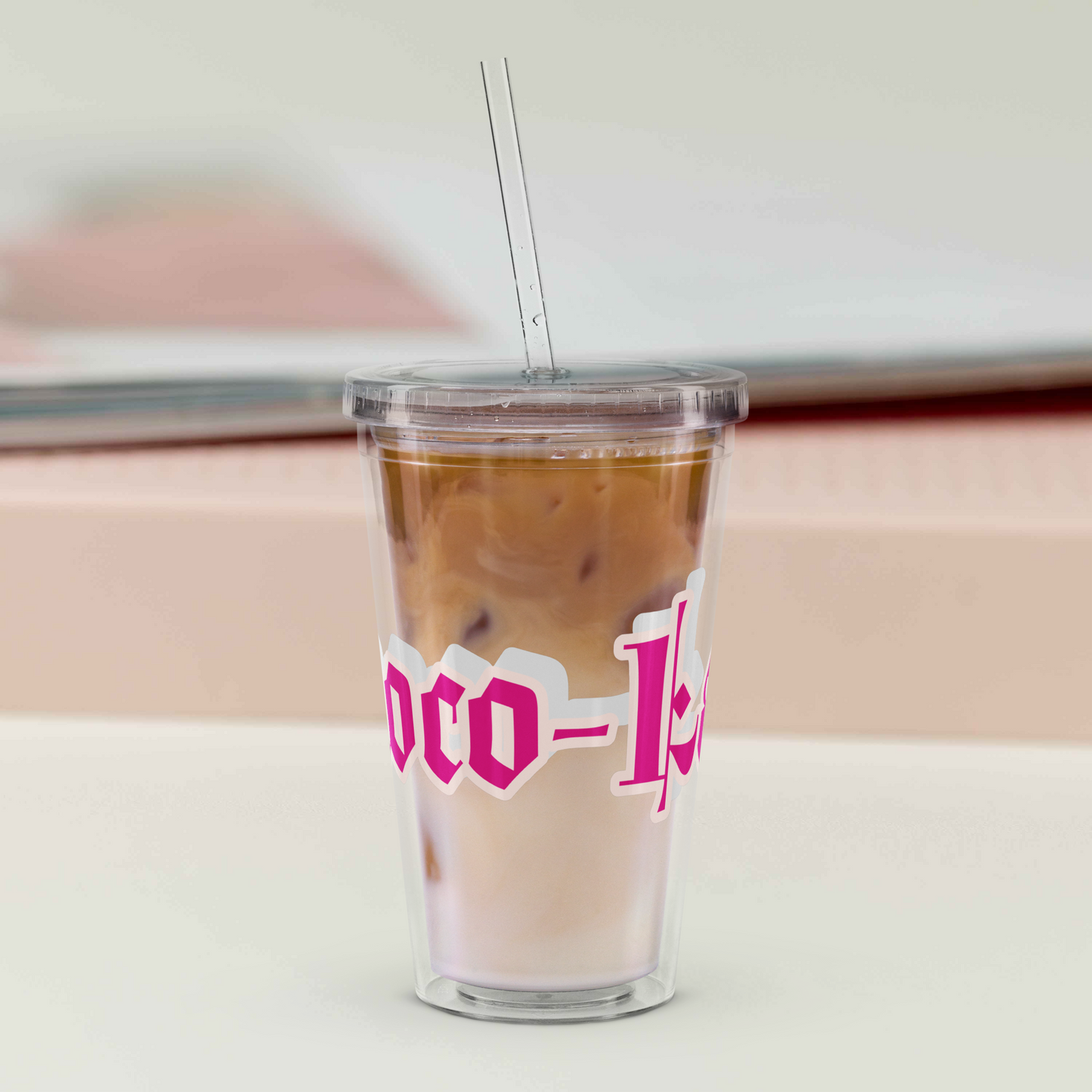 Fuchsia and peach choco-latte clear double wall insulated tumbler.