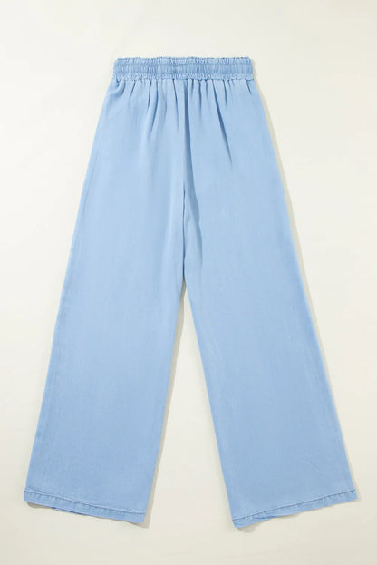 Drawstring denim pocketed women’s palazzo pants.