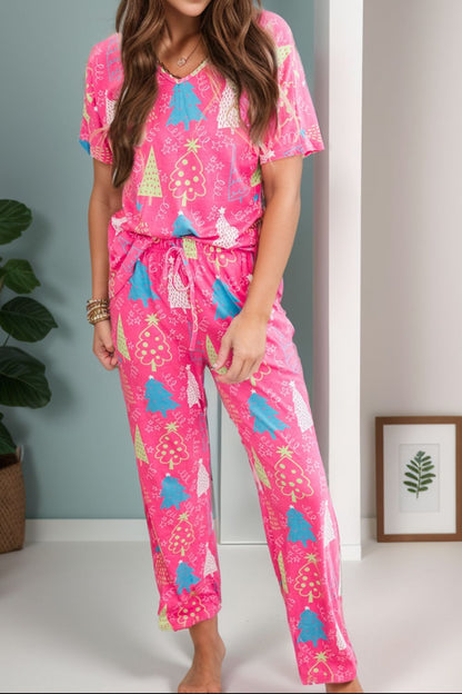 Holiday hot pink multi-color women’s pajamas drawstring set.