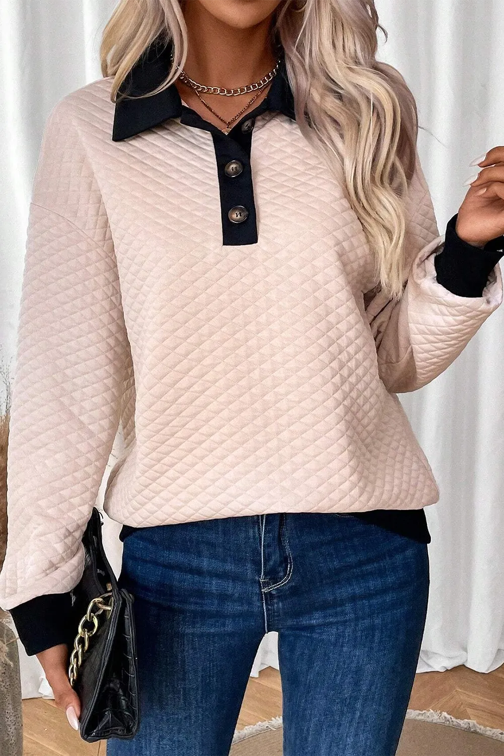 Textured collar button up women’s sweater.